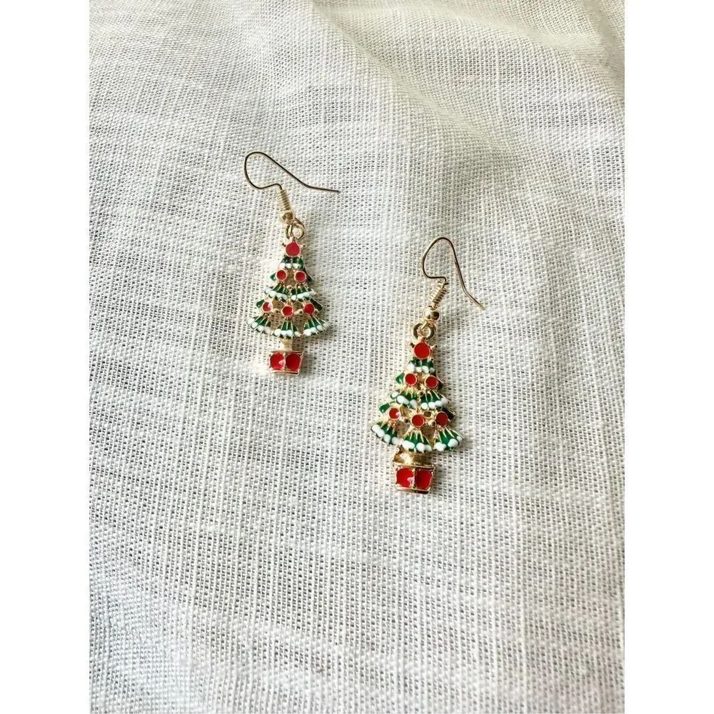 Red and green Christmas tree holiday dangle earrings
